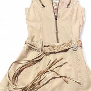Vintage retro cream and tan embroidered zip-up sleeveless belted mini dress LRG